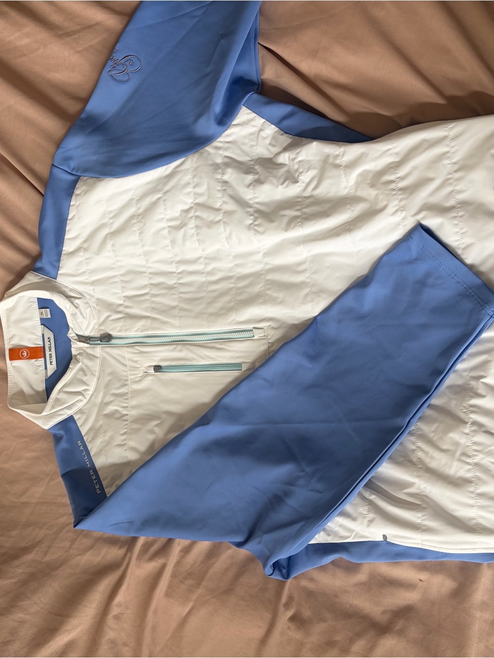 Peter Millar White and Periwinkle Half-Zip Quilted Pullover